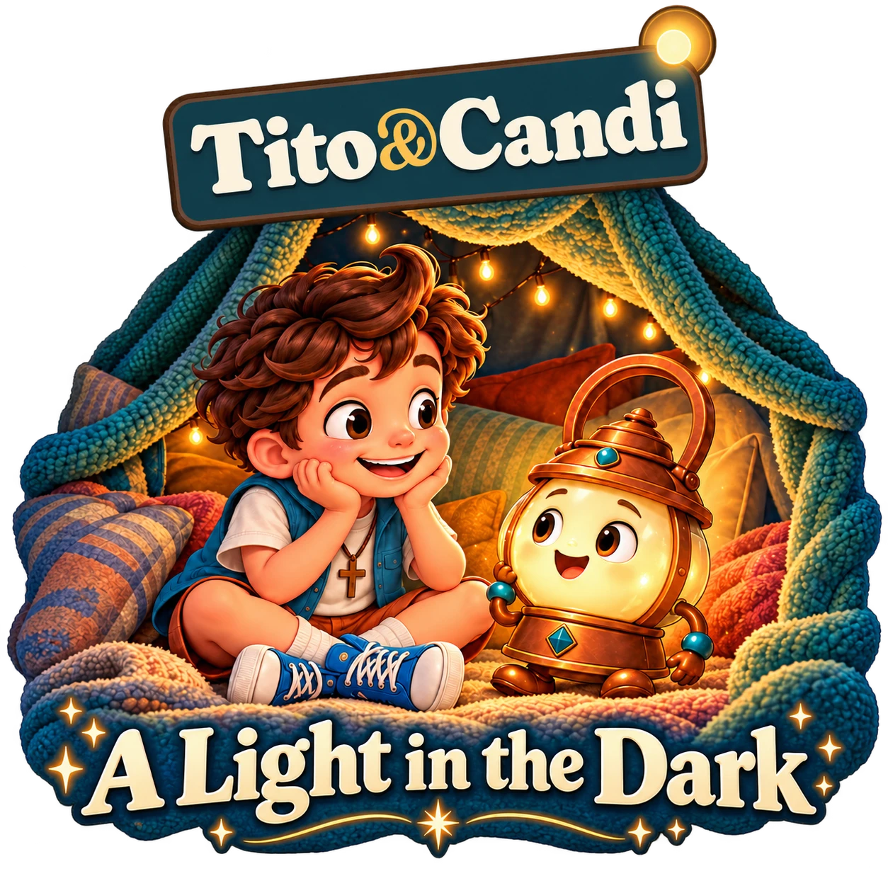 Navy kids’ T-shirt with Tito and a glowing Candi inside a blanket fort and the words A Light in the Dark