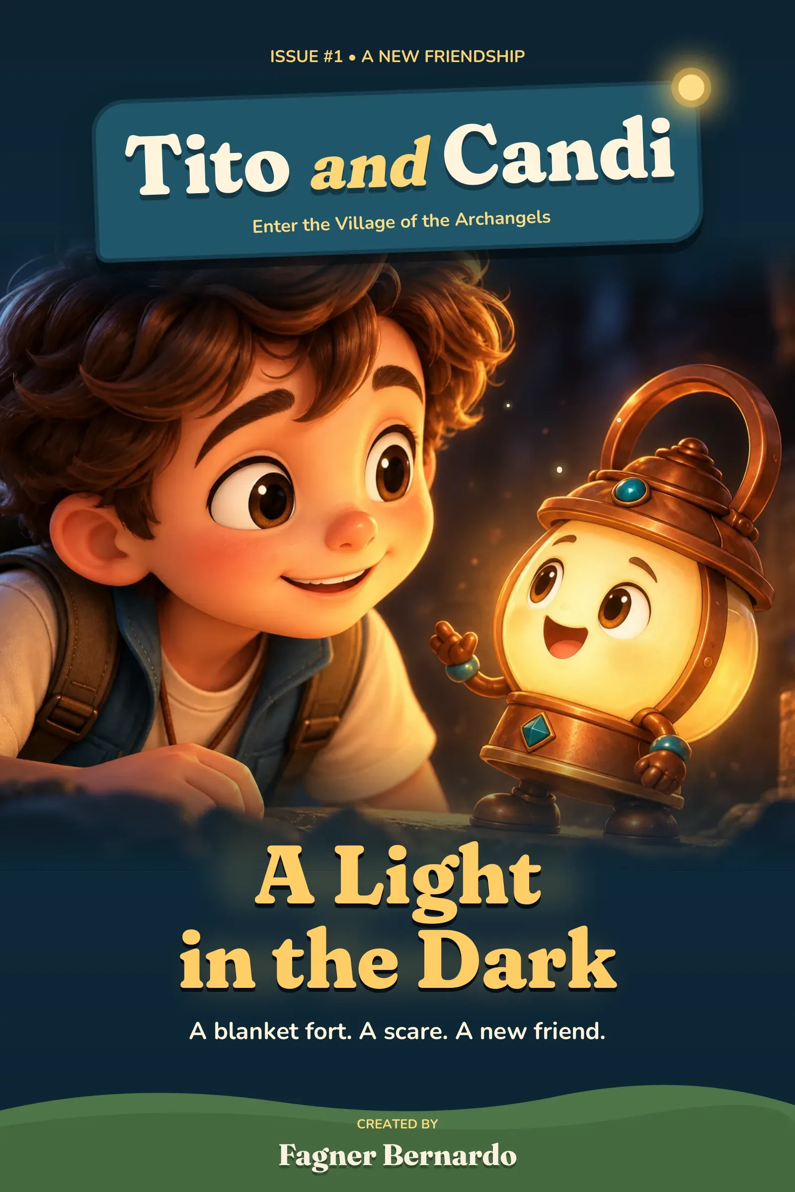 Cover of the Tito & Candi comic A Light in the Dark: Tito and a glowing Candi at night