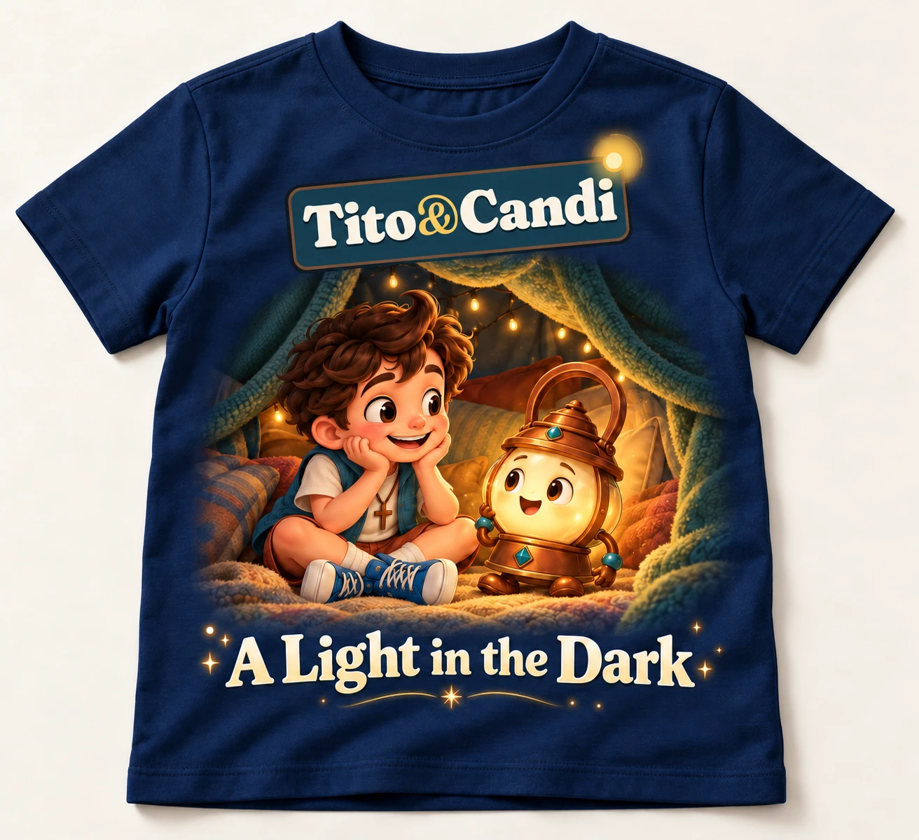 Navy kids’ T-shirt with Tito and a glowing Candi inside a blanket fort and the words A Light in the Dark