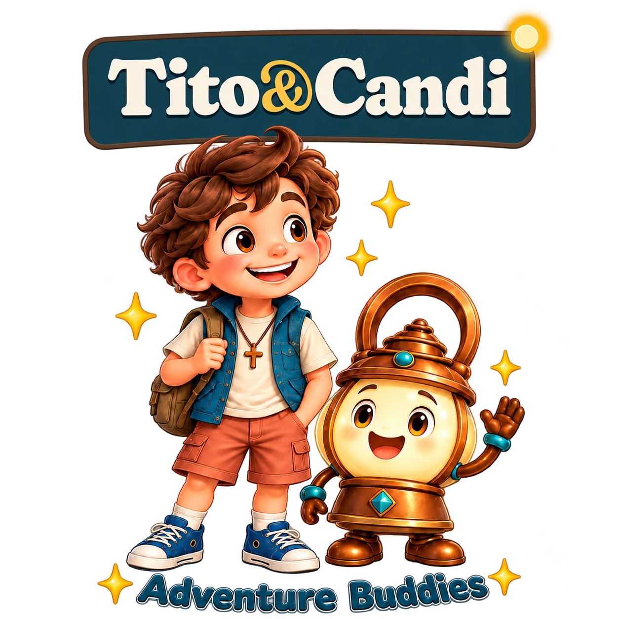 Cream kids’ T-shirt with Tito and Candi side by side under the Tito&Candi sign and the words Adventure Buddies