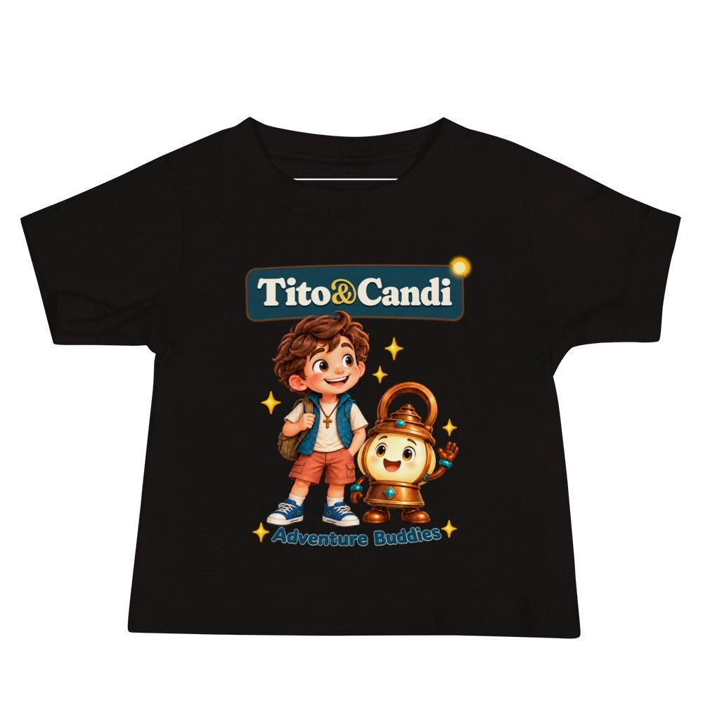 Baby in a black T-shirt with Tito and Candi side by side and the words Adventure Buddies