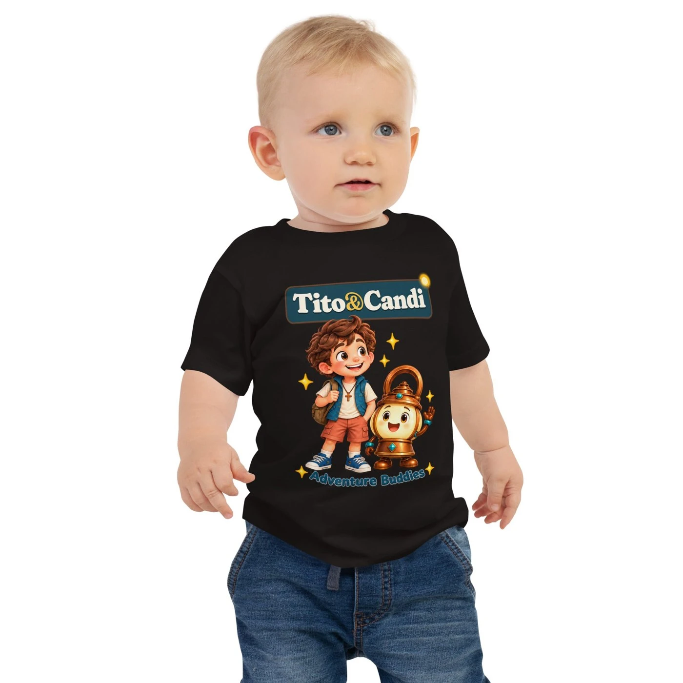 Baby in a black T-shirt with Tito and Candi side by side and the words Adventure Buddies