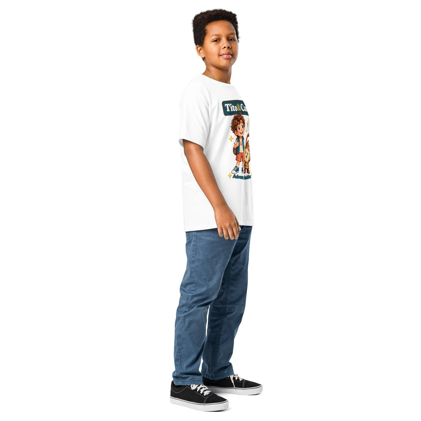 Boy in a white T-shirt with Tito and Candi side by side and the words Adventure Buddies