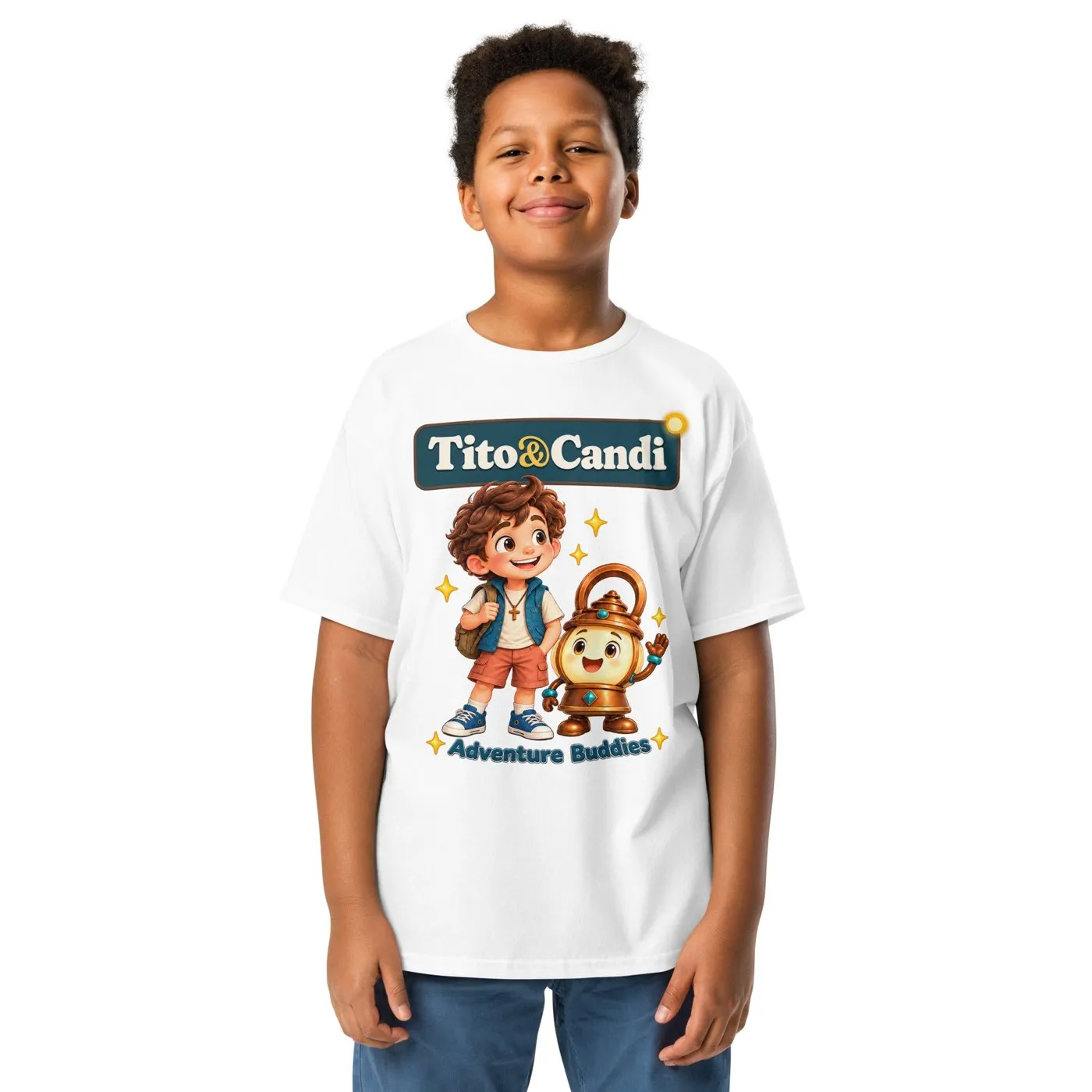 Boy in a white T-shirt with Tito and Candi side by side and the words Adventure Buddies