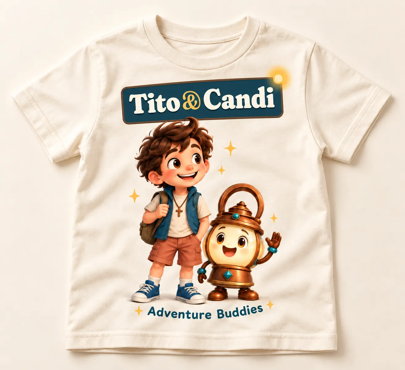 Cream kids’ T-shirt with Tito and Candi side by side under the Tito&Candi sign and the words Adventure Buddies