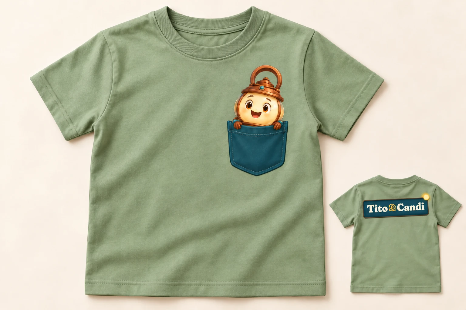 Sage green kids’ T-shirt with Candi peeking out of a teal front pocket; the back shows the Tito&Candi sign