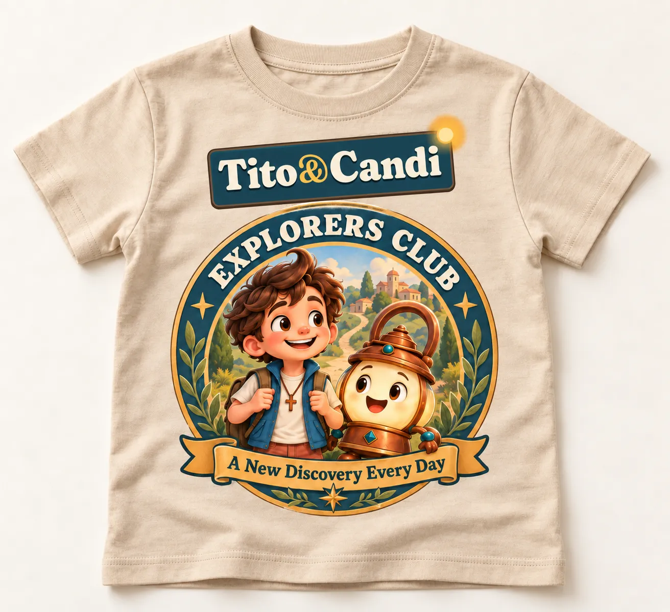 Beige kids’ T-shirt with a round Explorers Club badge showing Tito and Candi and the words A New Discovery Every Day