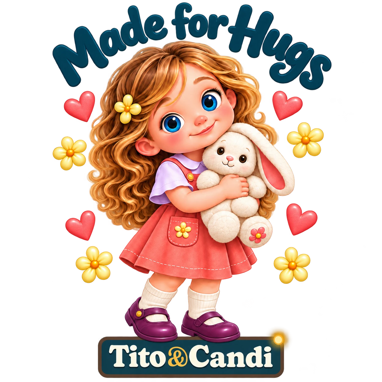 Pink kids’ T-shirt with Alice hugging her plush bunny, hearts, yellow flowers and the words Made for Hugs