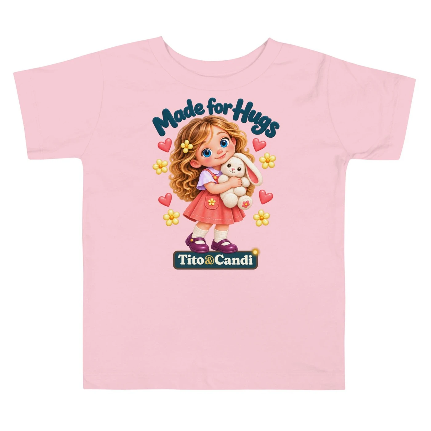 Toddler in a pink T-shirt with Alice hugging her plush bunny and the words Made for Hugs