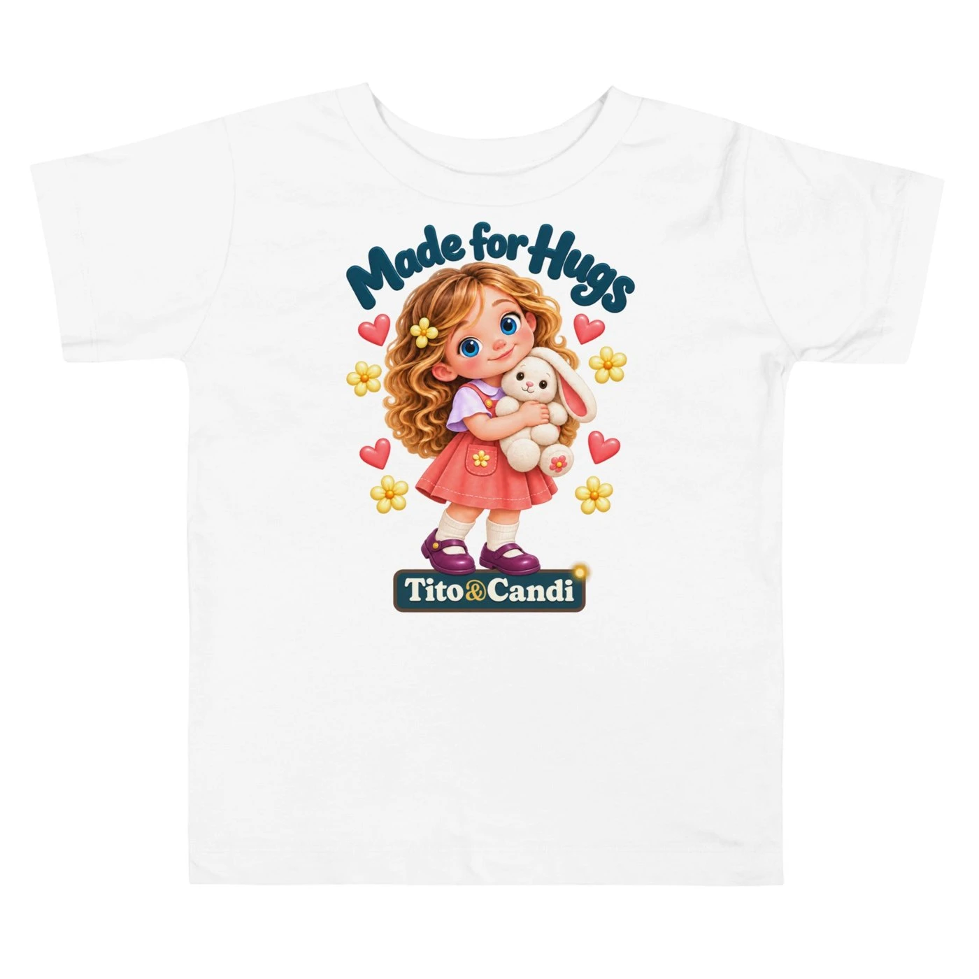 Toddler in a pink T-shirt with Alice hugging her plush bunny and the words Made for Hugs