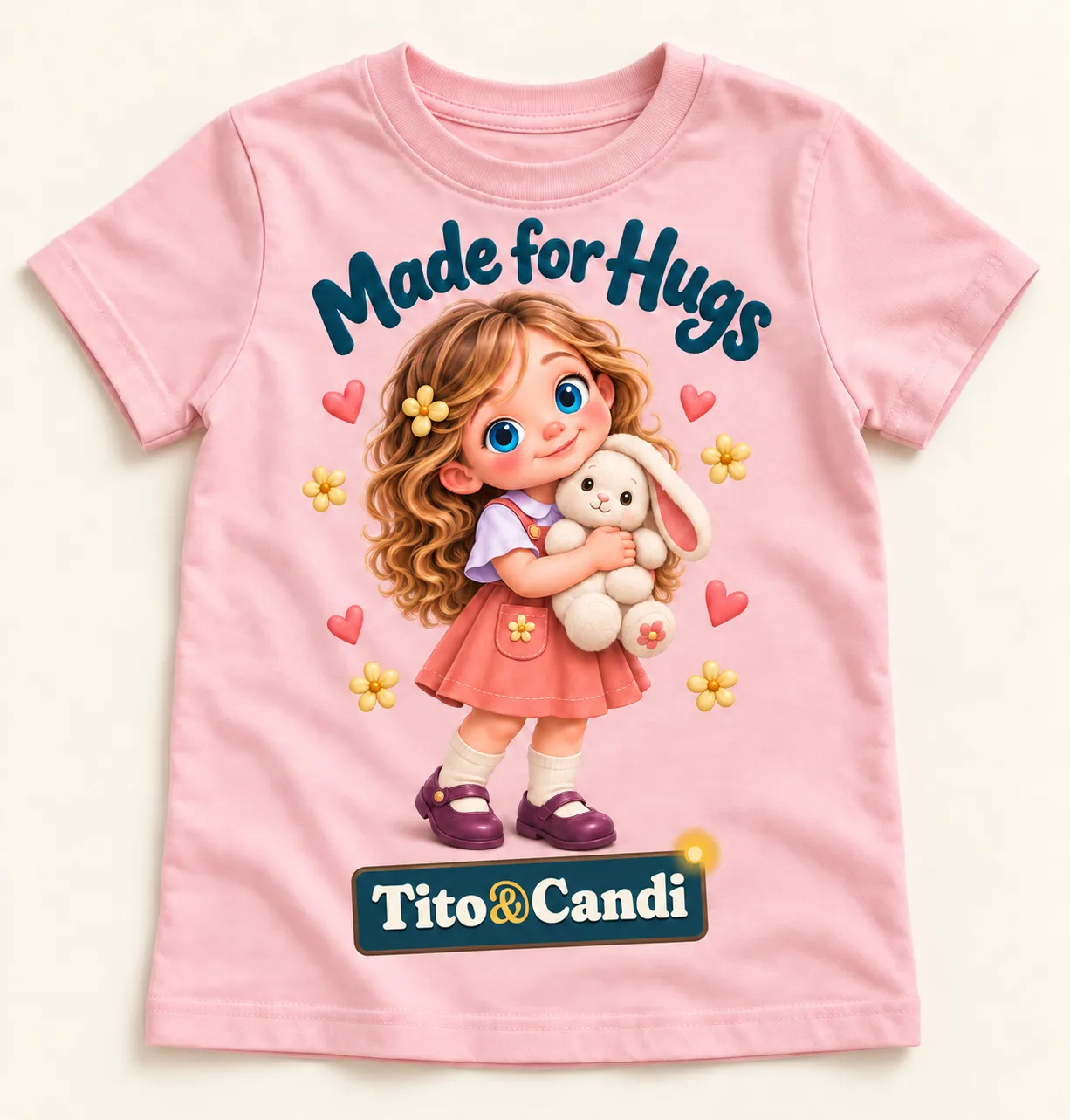 Pink kids’ T-shirt with Alice hugging her plush bunny, hearts, yellow flowers and the words Made for Hugs
