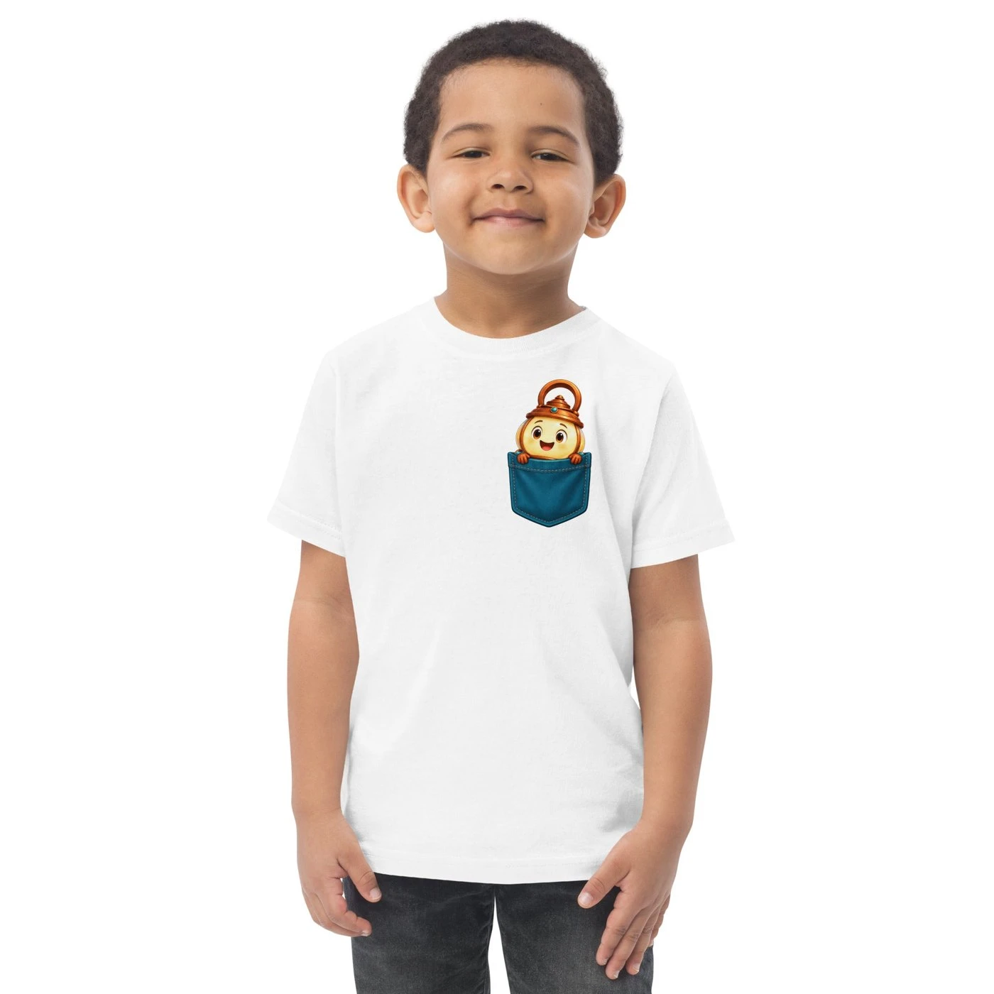 Smiling toddler in a white T-shirt with Candi peeking out of a small blue pocket