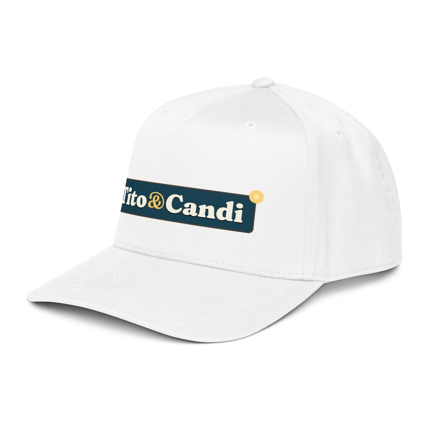 White 5-panel cap with the Tito&Candi sign on the front