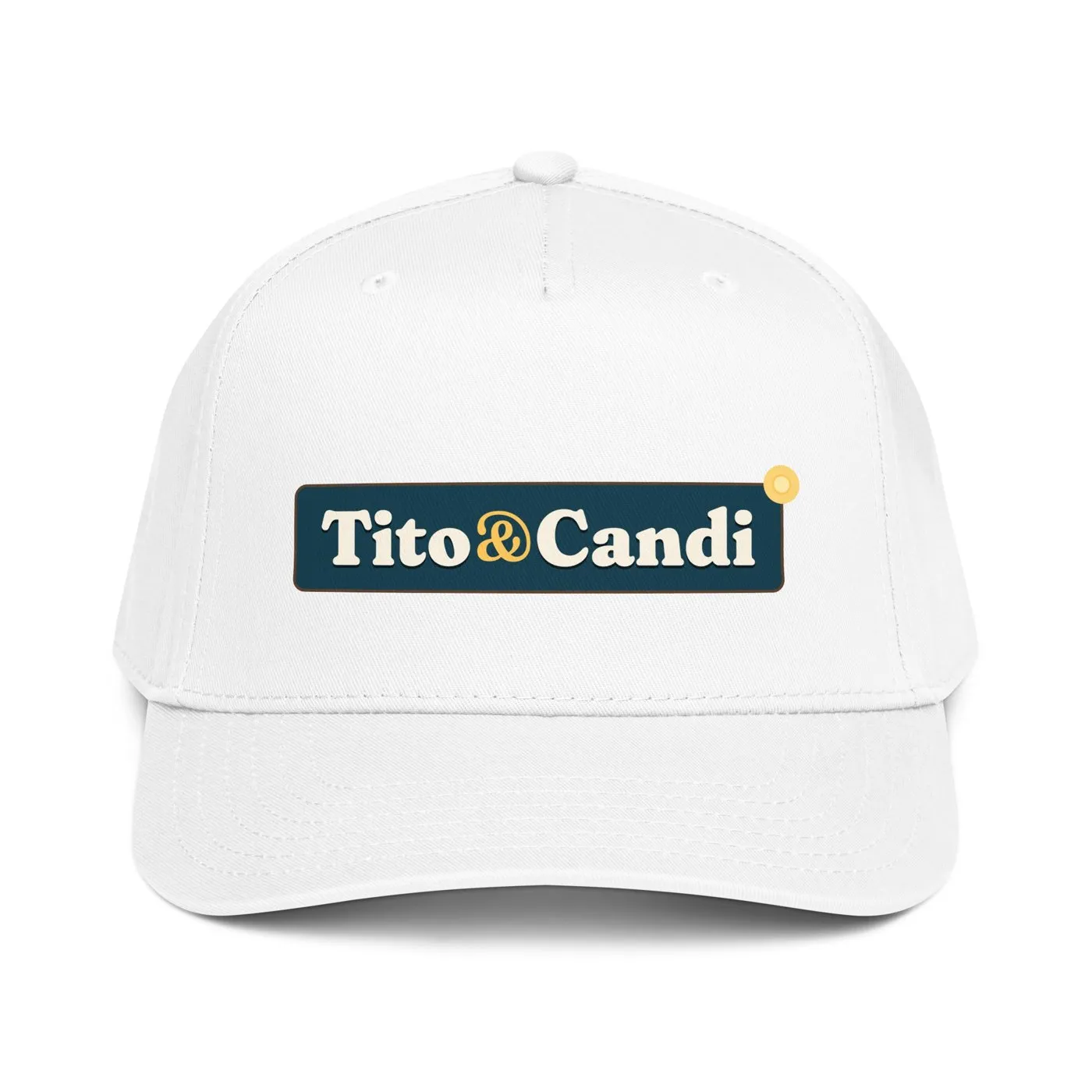 White 5-panel cap with the Tito&Candi sign on the front